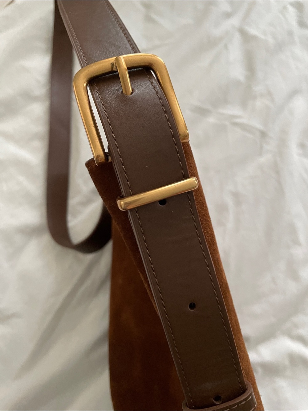 Quince Italian Suede Crossbody Bucket Bag in Whiskey Brown - Picture 7 of 14